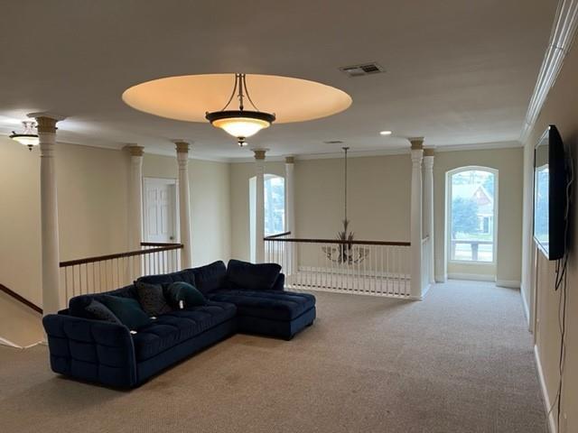 carpeted living area with plenty of natural light, ornamental molding, ornate columns, and visible vents