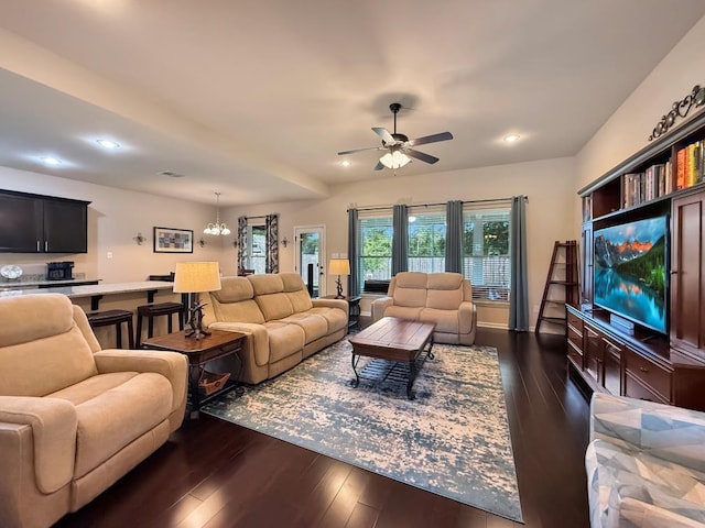 42273 Atmore Pl, Ponchatoula, LA 70454 - living area with recessed lighting, dark wood-style flooring, ceiling fan with notable chandelier, and visible vents