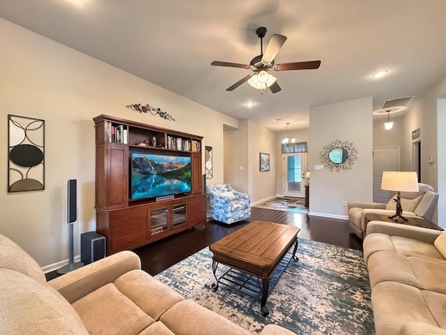 42273 Atmore Pl, Ponchatoula, LA 70454 - living room featuring baseboards, visible vents, ceiling fan, and dark wood-type flooring