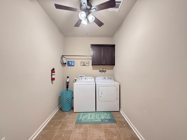 42273 Atmore Pl, Ponchatoula, LA 70454 - washroom with ceiling fan, visible vents, cabinet space, baseboards, and separate washer and dryer