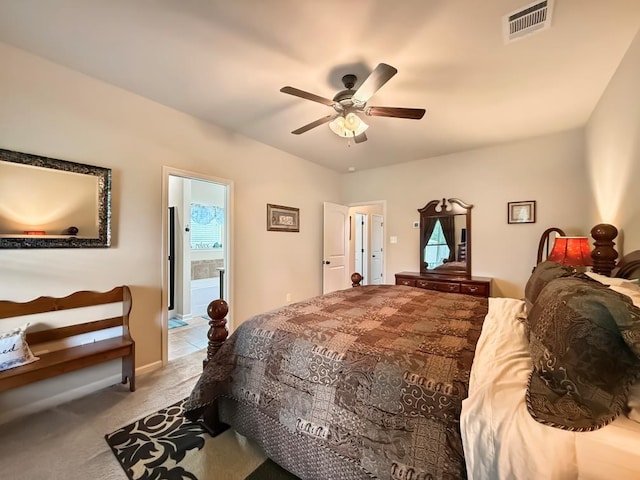42273 Atmore Pl, Ponchatoula, LA 70454 - carpeted bedroom with a ceiling fan, visible vents, and ensuite bath