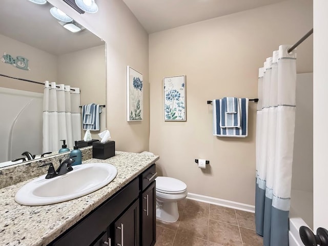 42273 Atmore Pl, Ponchatoula, LA 70454 - bathroom with vanity, toilet, tile patterned floors, a shower with shower curtain, and baseboards