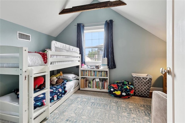 bedroom featuring vaulted ceiling with beams and visible vents