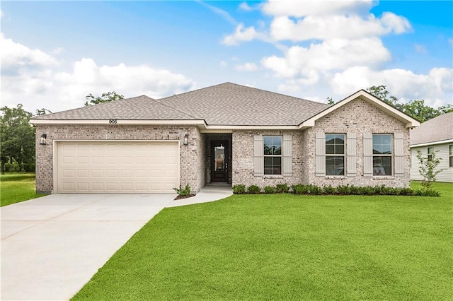 ranch-style home featuring concrete driveway, a front yard, brick siding, and an attached garage