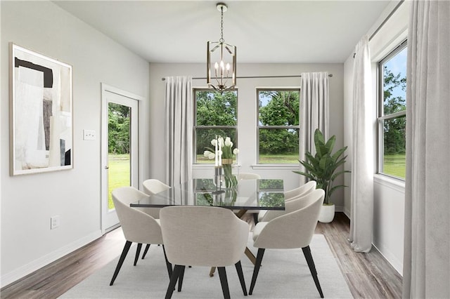 dining room with healthy amount of natural light, a chandelier, and wood finished floors