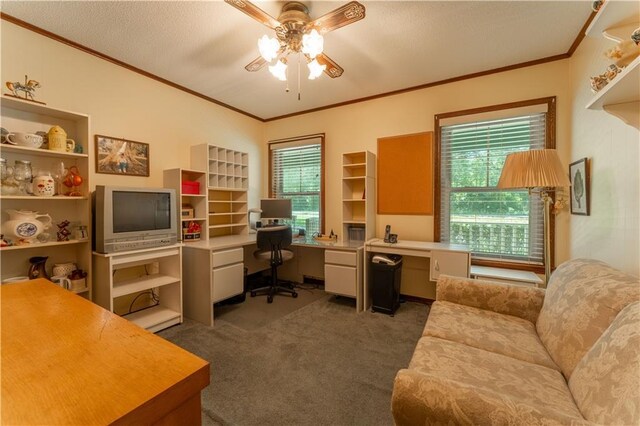 office with a ceiling fan, built in desk, carpet flooring, and ornamental molding