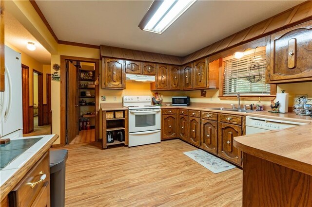 kitchen with a sink, white appliances, tile countertops, light wood-type flooring, and under cabinet range hood
