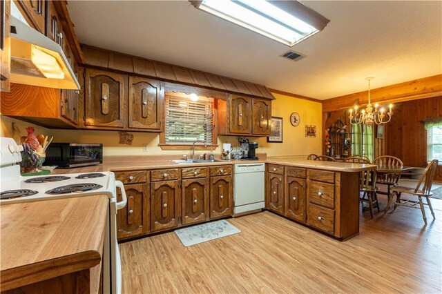 kitchen with wood walls, a peninsula, white appliances, under cabinet range hood, and a sink