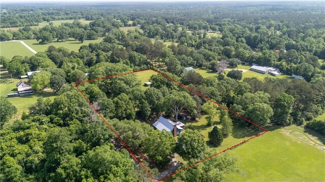 bird's eye view with a rural view and a wooded view