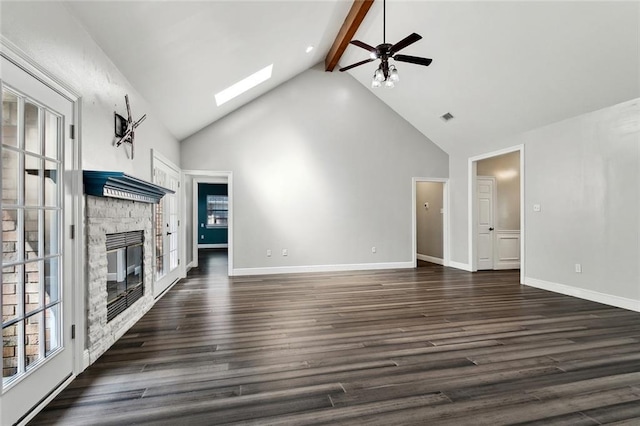6024 Chateau Loire Cir, Mandeville, LA 70448 - unfurnished living room featuring visible vents, a fireplace, beamed ceiling, high vaulted ceiling, and dark wood finished floors