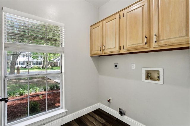 6024 Chateau Loire Cir, Mandeville, LA 70448 - clothes washing area featuring baseboards, dark wood finished floors, electric dryer hookup, cabinet space, and washer hookup