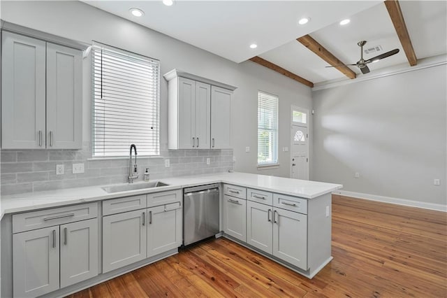 kitchen with a ceiling fan, a peninsula, tasteful backsplash, a sink, and dishwasher