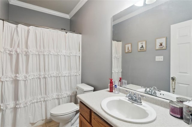full bathroom with vanity, ornamental molding, tile patterned flooring, toilet, and a shower with shower curtain