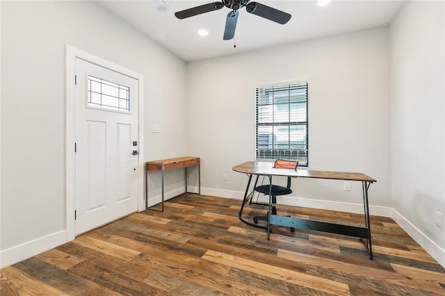 entrance foyer with baseboards, ceiling fan, recessed lighting, and wood finished floors