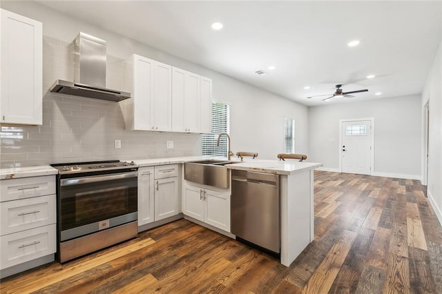 kitchen with decorative backsplash, a peninsula, wall chimney exhaust hood, a sink, and stainless steel appliances