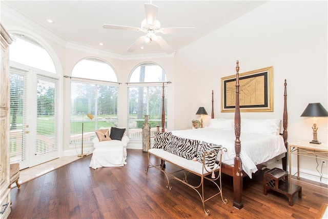 bedroom featuring access to exterior, wood finished floors, ornamental molding, baseboards, and ceiling fan