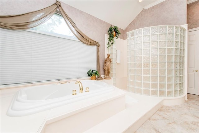 bathroom featuring vaulted ceiling, a bath, walk in shower, and marble finish floors