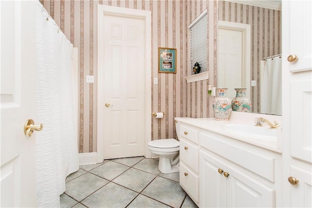 full bathroom with wallpapered walls, toilet, tile patterned flooring, vanity, and a shower with curtain