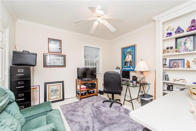office with crown molding, ceiling fan, and baseboards