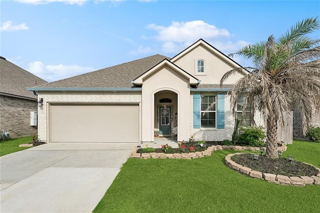 single story home featuring driveway, a garage, brick siding, a front lawn, and stucco siding