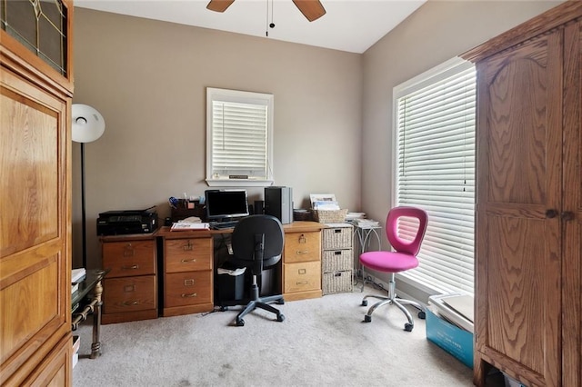 office space with carpet and a ceiling fan