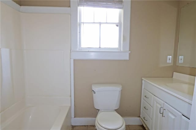full bathroom featuring vanity, a shower, toilet, baseboards, and a bath