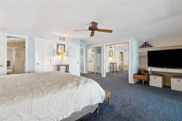 8004 Breakwater Dr, New Orleans, LA 70124 - bedroom featuring a ceiling fan, visible vents, vaulted ceiling, carpet floors, and multiple closets