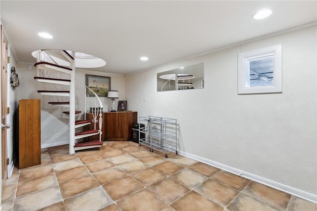 8004 Breakwater Dr, New Orleans, LA 70124 - below grade area featuring stairs, recessed lighting, crown molding, and baseboards
