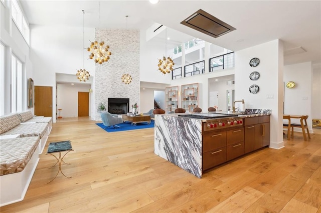 interior space featuring a fireplace, light wood finished floors, and a towering ceiling