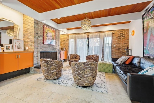 living area with wooden ceiling, a fireplace, tile patterned floors, and a notable chandelier