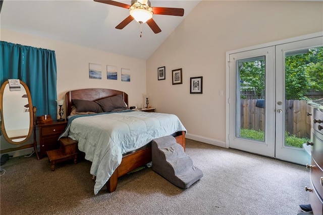 carpeted bedroom featuring a ceiling fan, french doors, access to exterior, high vaulted ceiling, and baseboards