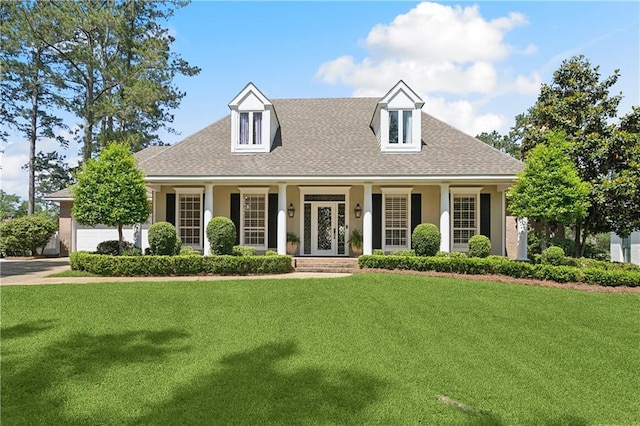 cape cod house featuring roof with shingles, stucco siding, driveway, and a front yard