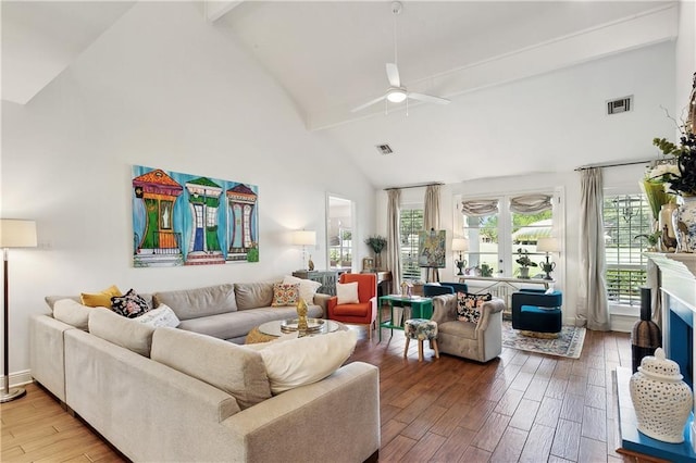 living room featuring visible vents, beam ceiling, wood finished floors, high vaulted ceiling, and a ceiling fan