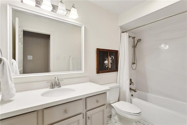 bathroom with vanity, toilet, and shower / bath combination with curtain