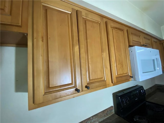 interior details featuring dark countertops, black electric range, and white microwave