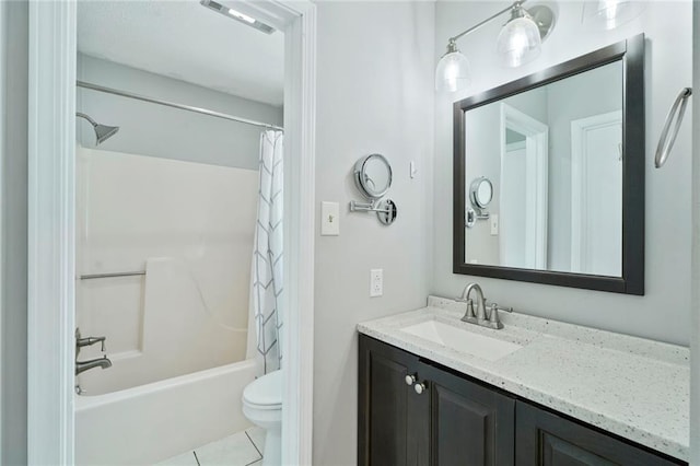 202 River Point Dr, Destrehan, LA 70047 - bathroom with tile patterned flooring, shower / bathtub combination with curtain, toilet, and vanity