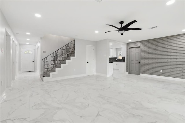 736 Glouster Pl, Gretna, LA 70056 - unfurnished living room with ceiling fan, visible vents, stairs, baseboards, and recessed lighting