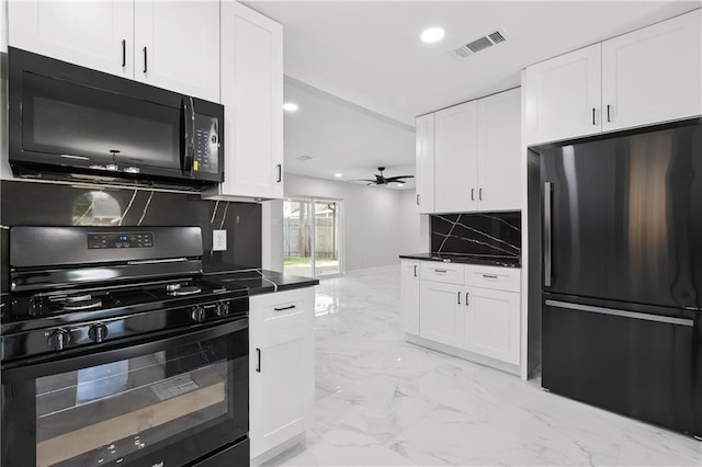 736 Glouster Pl, Gretna, LA 70056 - kitchen with visible vents, marble finish floor, dark countertops, a ceiling fan, and black appliances