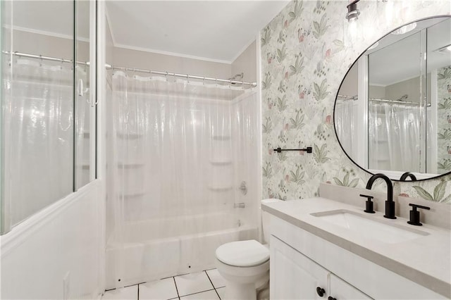 bathroom with vanity, toilet, shower / bath combo with shower curtain, tile patterned floors, and wallpapered walls