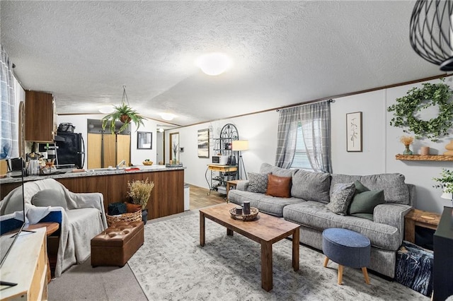 26272 Jim Bailey Rd, Holden, LA 70744 - living room with a textured ceiling, vaulted ceiling, and light carpet