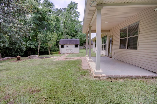 view of yard with a storage shed, a patio, and an outdoor structure