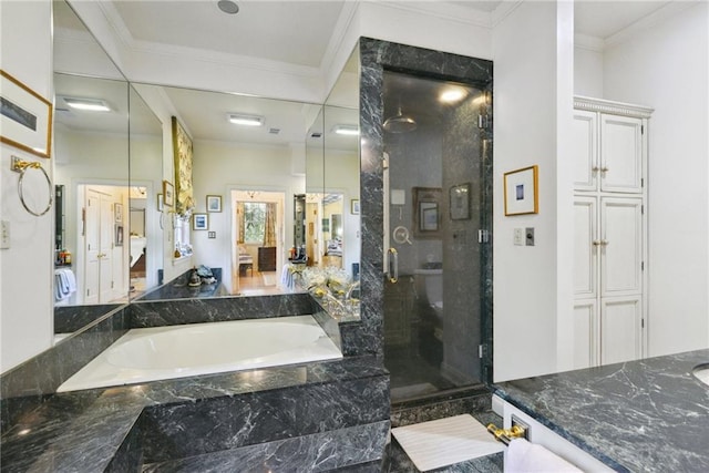 16407 Summerhill Rd, Covington, LA 70435 - full bathroom with a shower stall, crown molding, a bath, ensuite bath, and vanity
