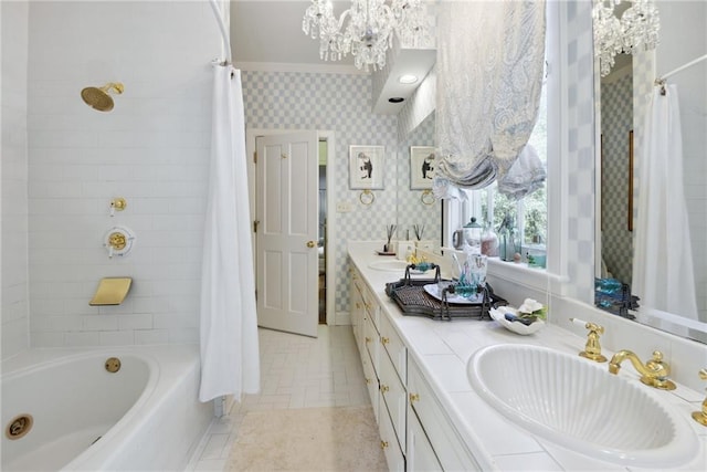 16407 Summerhill Rd, Covington, LA 70435 - full bathroom featuring wallpapered walls, a chandelier, double vanity, and shower / tub combo with curtain