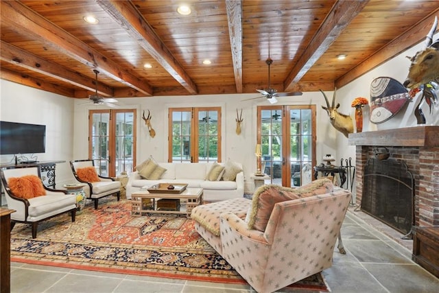 16407 Summerhill Rd, Covington, LA 70435 - living area with ceiling fan, french doors, beamed ceiling, a brick fireplace, and wood ceiling