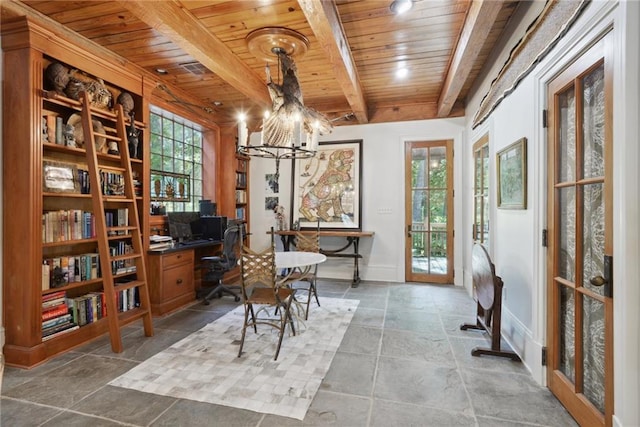 16407 Summerhill Rd, Covington, LA 70435 - office with wooden ceiling, beam ceiling, a chandelier, stone tile flooring, and baseboards