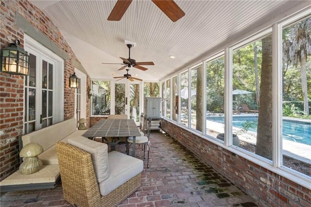 16407 Summerhill Rd, Covington, LA 70435 - sunroom featuring a ceiling fan, outdoor dining space, and lofted ceiling