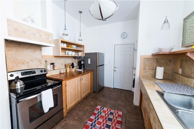 1418 Kerlerec St, New Orleans, LA 70116 - kitchen with open shelves, appliances with stainless steel finishes, wooden counters, decorative light fixtures, and tasteful backsplash