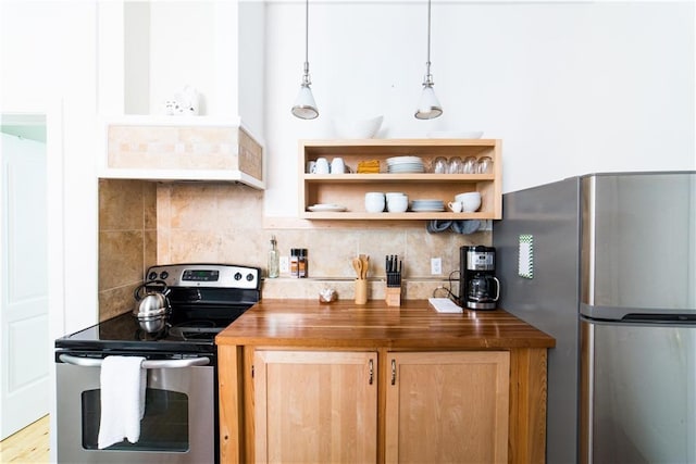1418 Kerlerec St, New Orleans, LA 70116 - kitchen with backsplash, stainless steel appliances, open shelves, and wooden counters