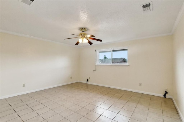 empty room with ceiling fan, ornamental molding, light tile patterned flooring, and visible vents