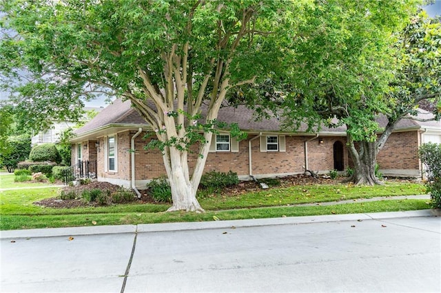 view of front of home featuring brick siding and a front yard